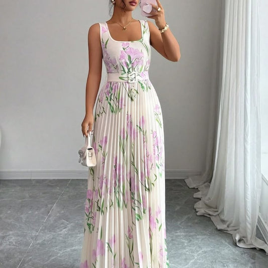 Multicolor Boho Women's Tulip Print Square Neck Cinched Waist Ruched Hem Dress | Color: Cream/White | Size: Various