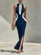 StyleWe Women's Navy White Color Block Maxi Dress Bodycon Stand Collar Side Slit with Pockets