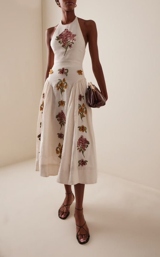 Valentina Embroidered Linen Halter Midi Dress