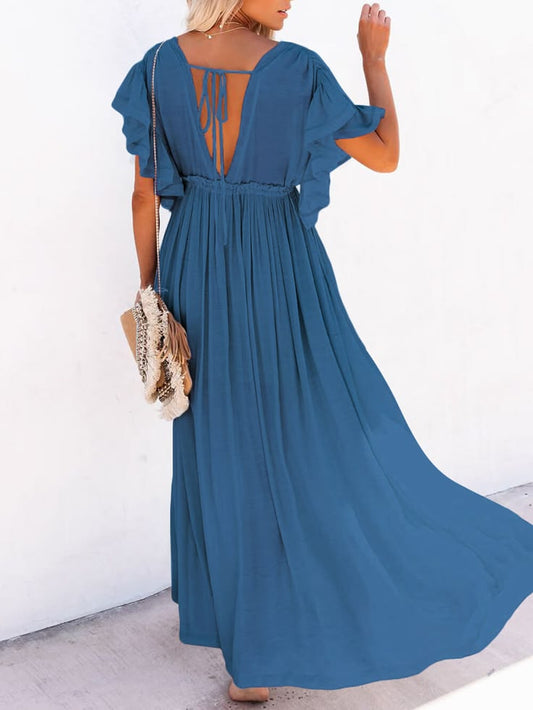 Floral V-Neck Wrap Midi Dress Navy Blue-One Size