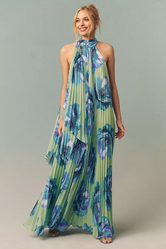Rosie Mock-Neck Pleated Chiffon Maxi Dress