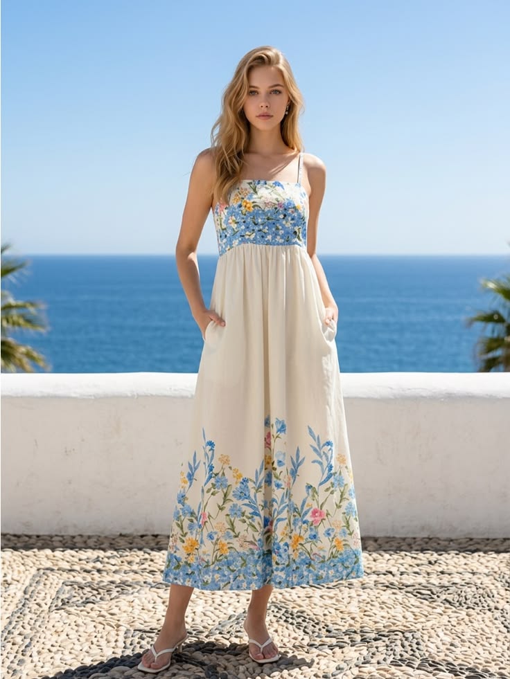 Bellambra Dresses | Cream Maxi Dress With Blue Floral Bodice And Hem | Color: Blue/Cream | Size: Various