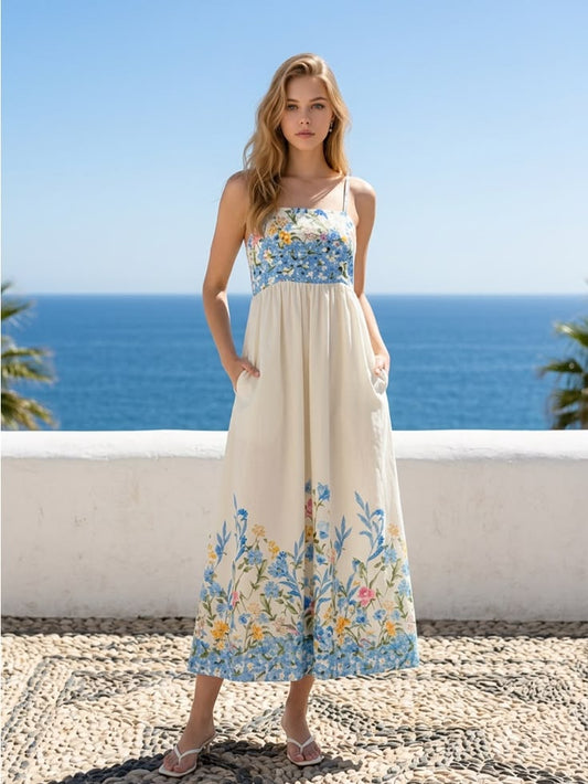 Bellambra Dresses | Cream Maxi Dress With Blue Floral Bodice And Hem | Color: Blue/Cream | Size: Various