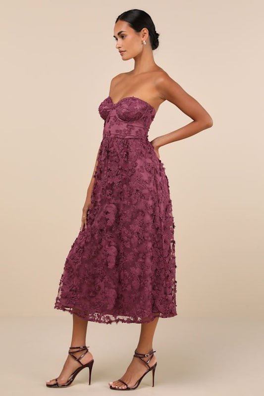 Violet Floral Embroidered Strapless Midi Dress