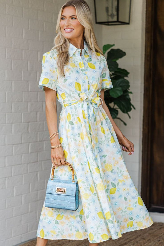 Make Me Feel Joy Light Blue Citrus Floral Midi Dress