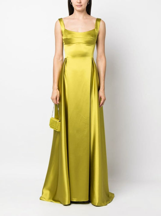 Arabella V-Back Pleated Satin Gown in Emerald