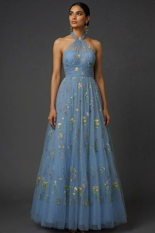 Floral Grey Blue Embroidered Cross Halter Maxi Prom Dress