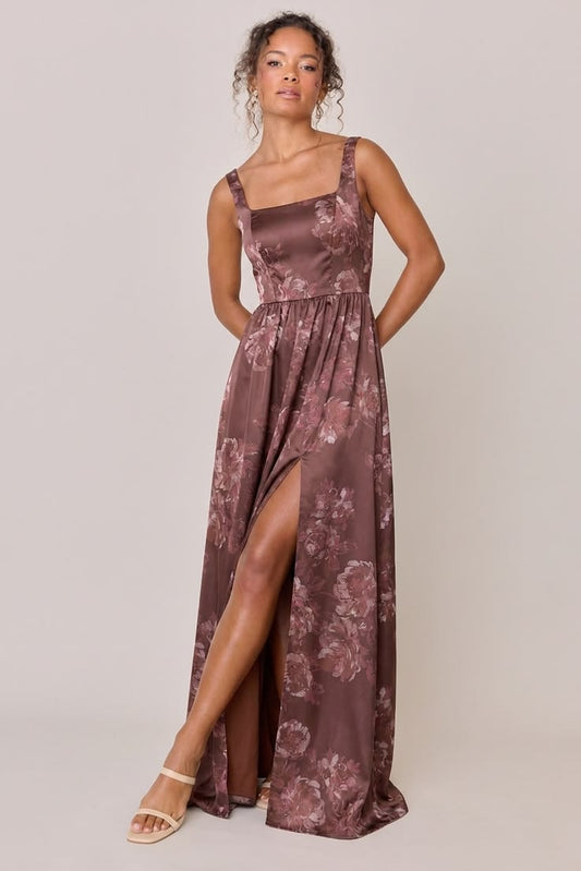 Whitney Satin Floral Print Dress | Made To Order - Mahogany Blooms