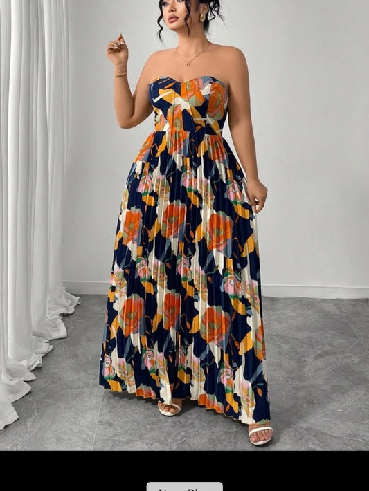 Shein Dresses | Shein Navy Strapless Pleated Floral Maxi Dress | Color: Blue/Orange | Size: 2xl