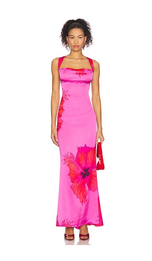 Margot Satin Lace-Up Maxi Dress in Pink Hibiscus