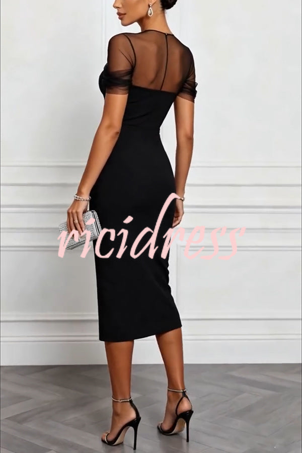 Black Emilie Mesh Sleeve Patchwork Sweetheart Neck Stretch Midi Dress