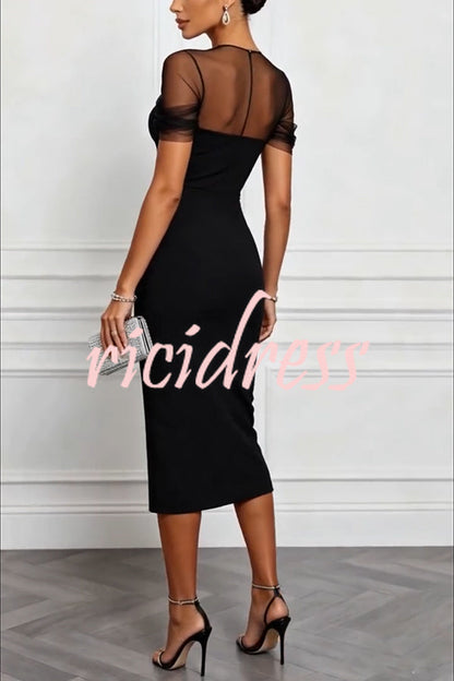 Black Emilie Mesh Sleeve Patchwork Sweetheart Neck Stretch Midi Dress