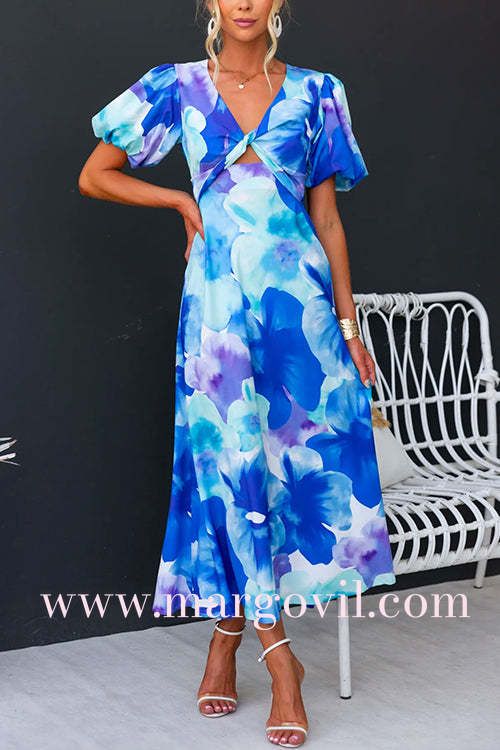 V Neck Twist Front Puff Sleeves Floral Print Midi Dress
