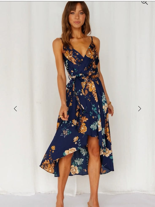 Molly Navy Floral High-Low Wrap Dress