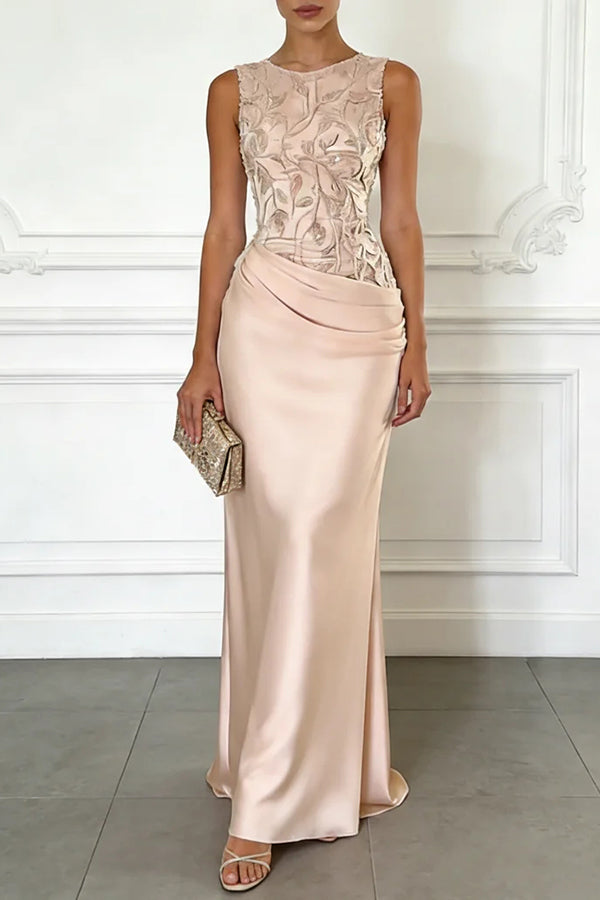 Pink Vera Mesh Embroidery Satin Ruched Crew Neck Sleeveless Gown Maxi Dress