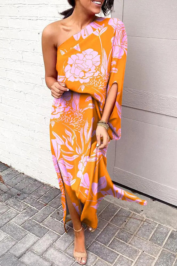 Orange Rosie Printed One-Shoulder Maxi Dress