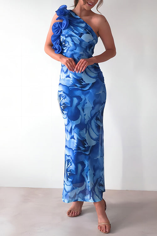 Blue Margot Ruffle One-Shoulder Floral Maxi Dress