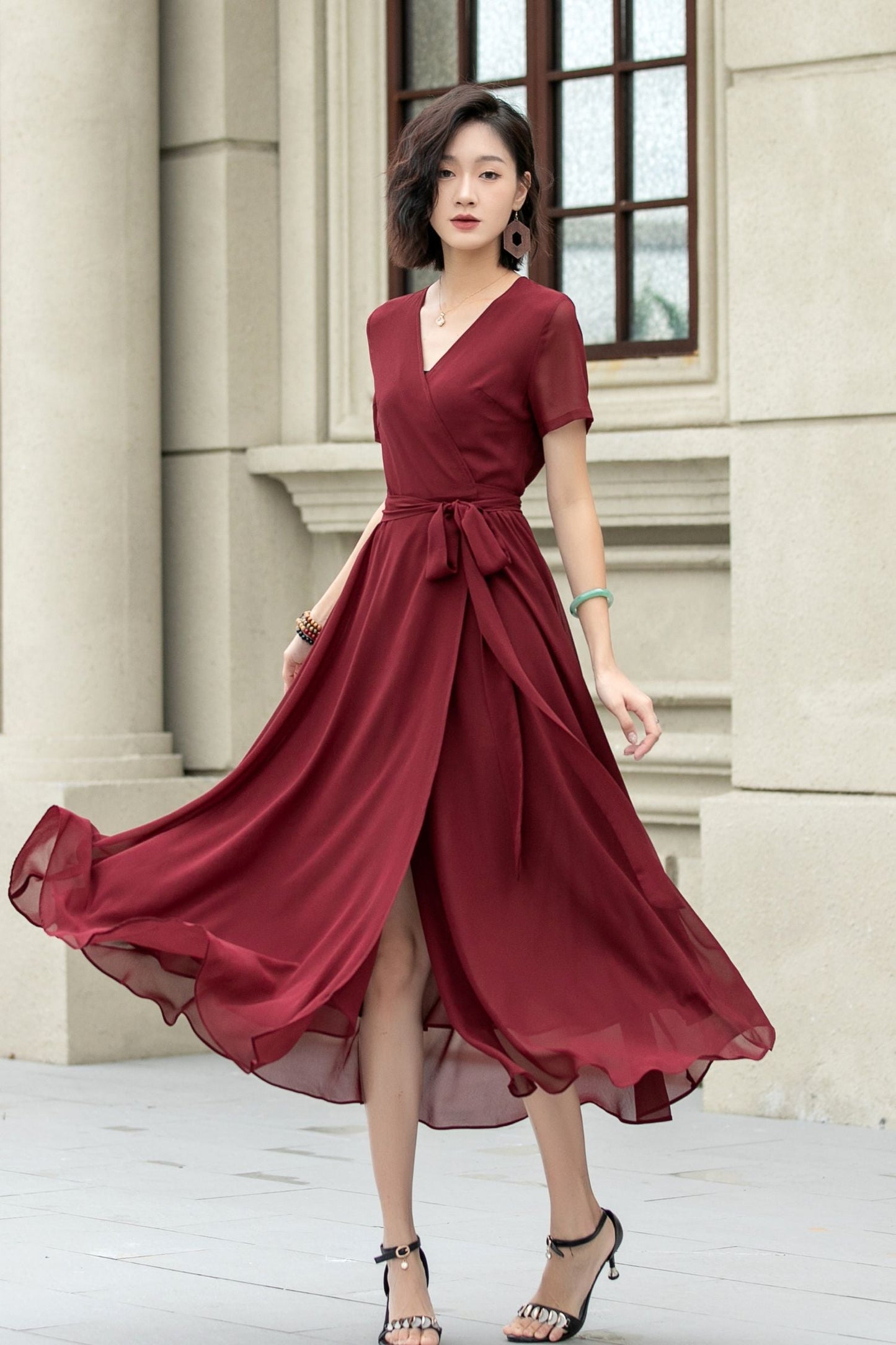 Neck Wrap Style 5222 Burgundy midi fit and flare prom chiffon dress