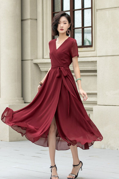 Neck Wrap Style 5222 Burgundy midi fit and flare prom chiffon dress