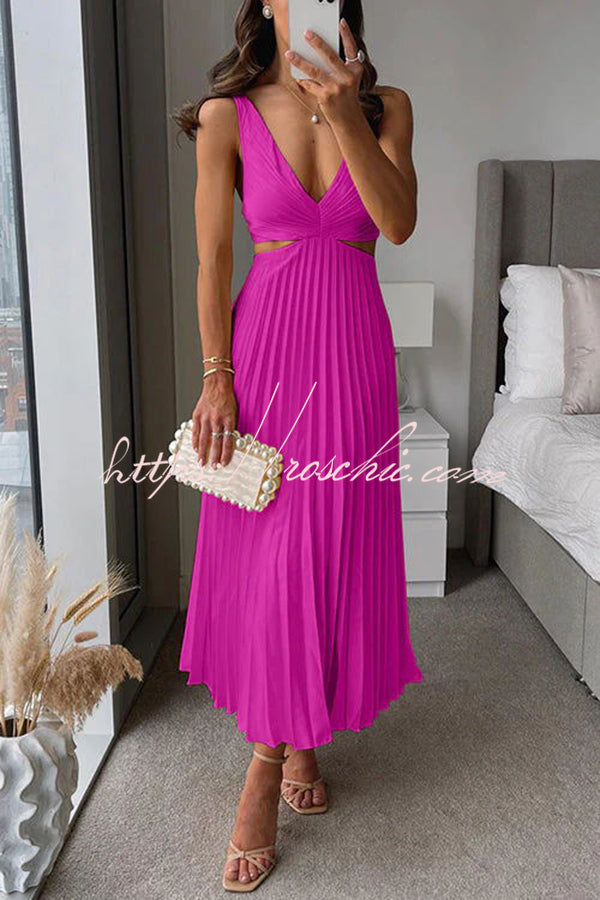 Yellow Summer Social Stain Pleated Cutout Waist Loose Midi Dress