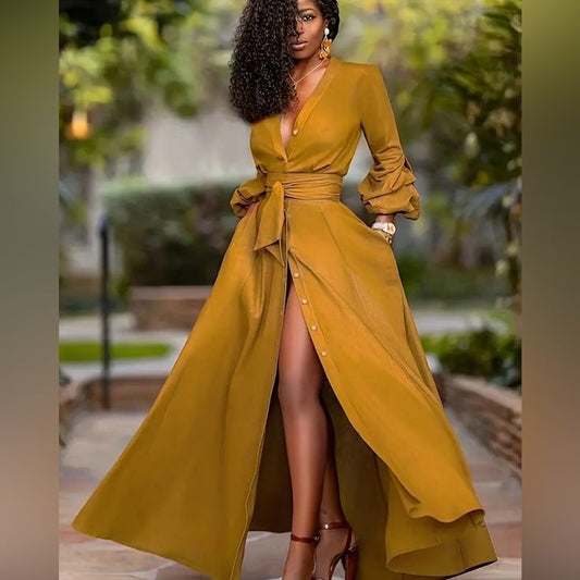 Passion Of Essence Dresses | Mustard Yellow Shirting Maxi Dress With Belt Long Sleeve Button-Down (Xl) | Color: Gold | S