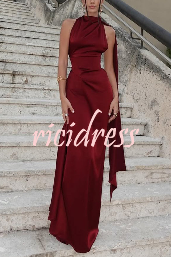 Wine Red Celeste Satin Maxi Dress