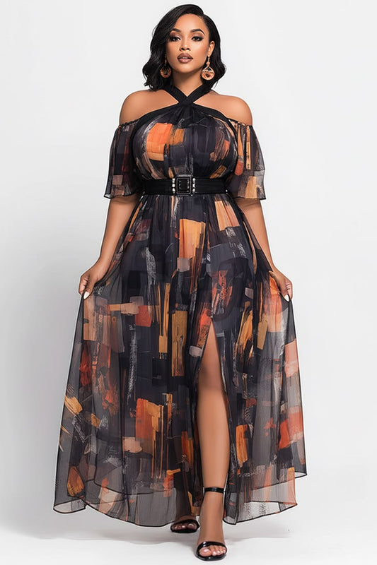 Xpluswear Design Plus Size Vacation Black Graphic Halter Collar Cold Shoulder Short Sleeve Split Cut Out Maxi Dresses Bl