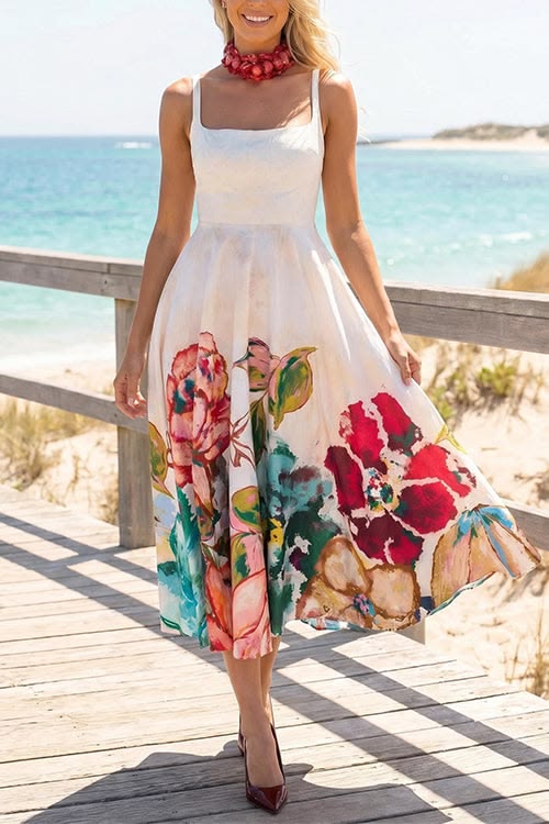 Square Neck Sleeveless Floral Print Midi Dress