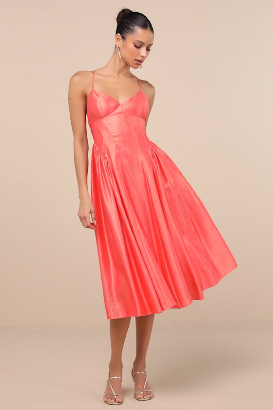 Paride Gathered Lace-Up Midi Dress in Coral Shiny