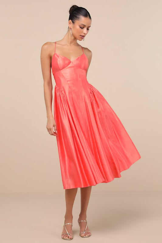 Paride Gathered Lace-Up Midi Dress in Coral Shiny