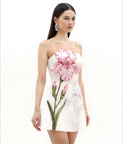 White Iris Appliqué Mini Dress