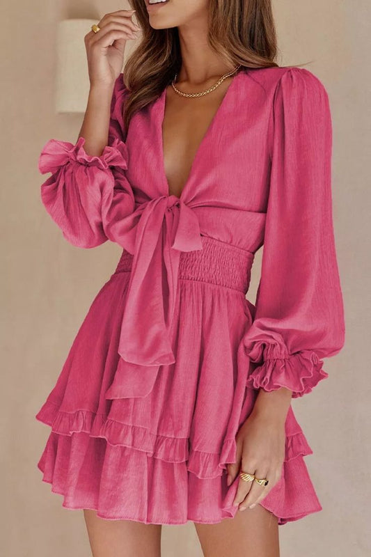 Elegant Tie-Front Ruffle Mini Dress with Smocked Wiast - Hot Pink / M