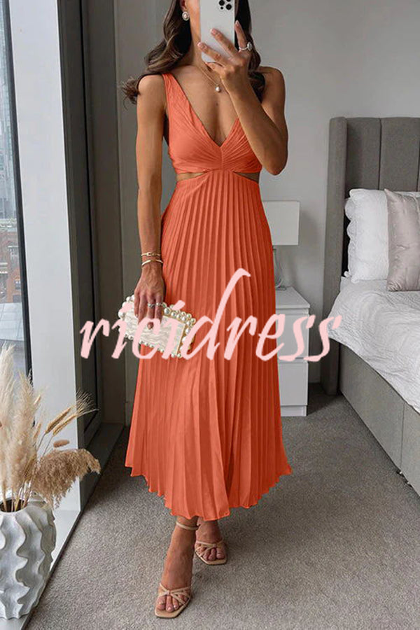 Red Margot Linen Pleated Midi Dress