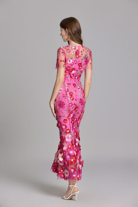 3D Floral Embroidered Lace Mermaid Dress - Yellow / M
