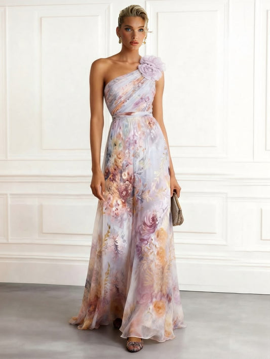 Aurelia One-Shoulder Floral Chiffon Maxi Dress