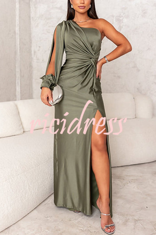 Green Arabella Satin One-Shoulder Maxi Dress