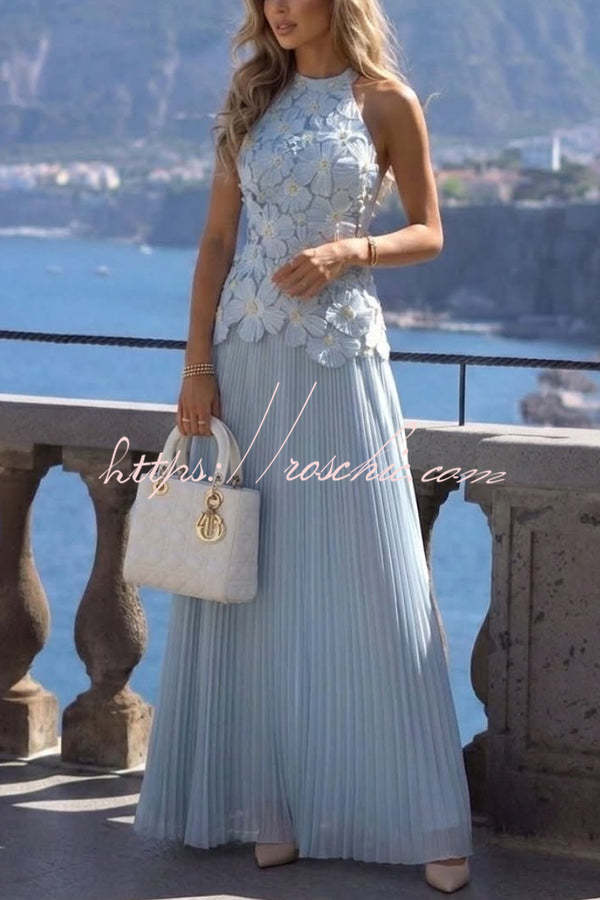Blue Emilie 3D Floral Embroidered Halter Maxi Dress