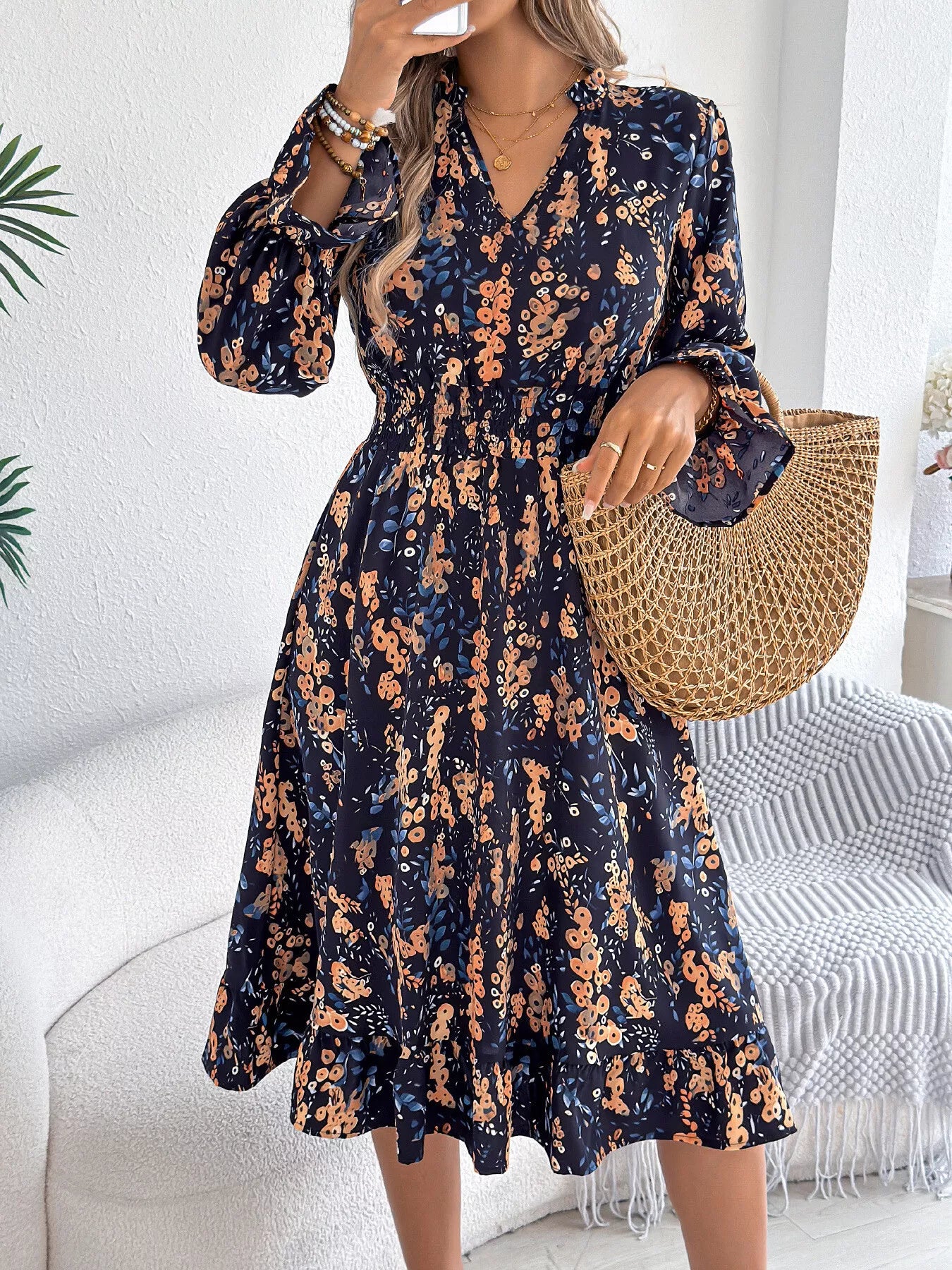 Green Vivienne Floral Ruffle A-Line Dress