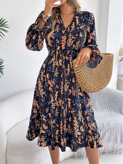 Navy Blue Vivienne Floral Ruffle A-Line Dress
