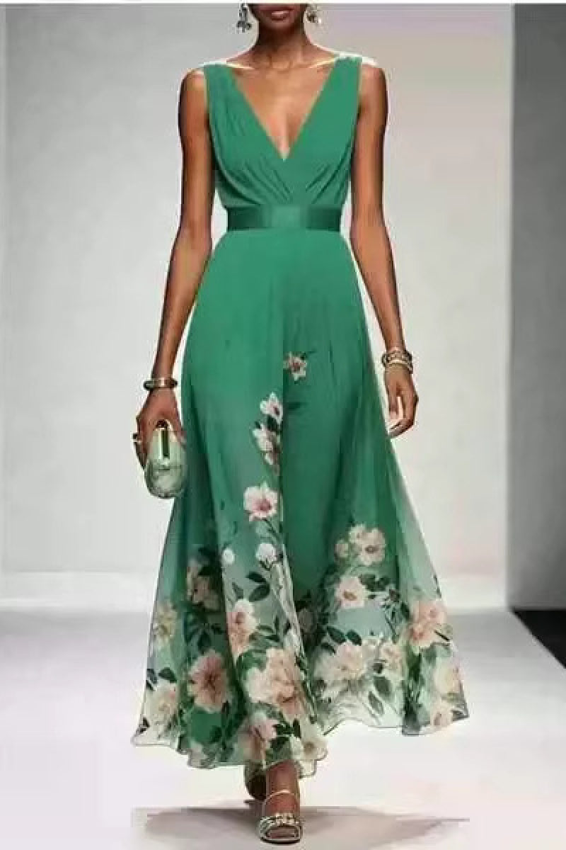Green Arabella A-Line Tea Length Chiffon Dress
