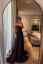Special A Line Sweetheart Pleated Chiffon Pink Sleeveless Feathers Long Prom Dresses Inspo Prom Gown - Grape / US4