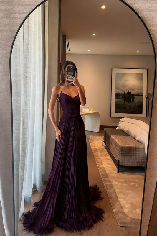 Special A Line Sweetheart Pleated Chiffon Pink Sleeveless Feathers Long Prom Dresses Inspo Prom Gown - Grape / US4