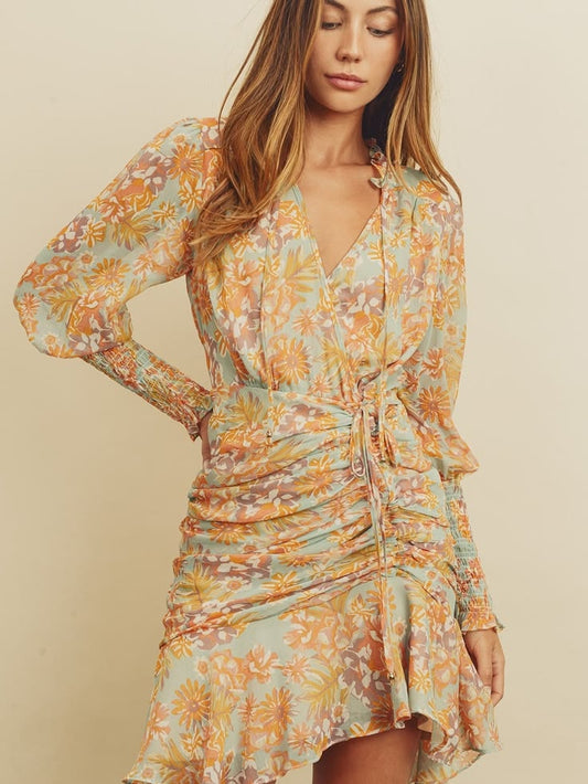 Pippa & Pearl Dresses | Floral Ruched Tie-Waist Mini Dress - Pastel Multi | Color: Green/Pink | Size: S