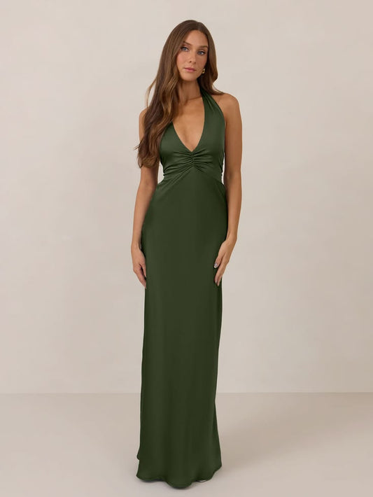 Sabine Dress - M / Dark Olive Satin