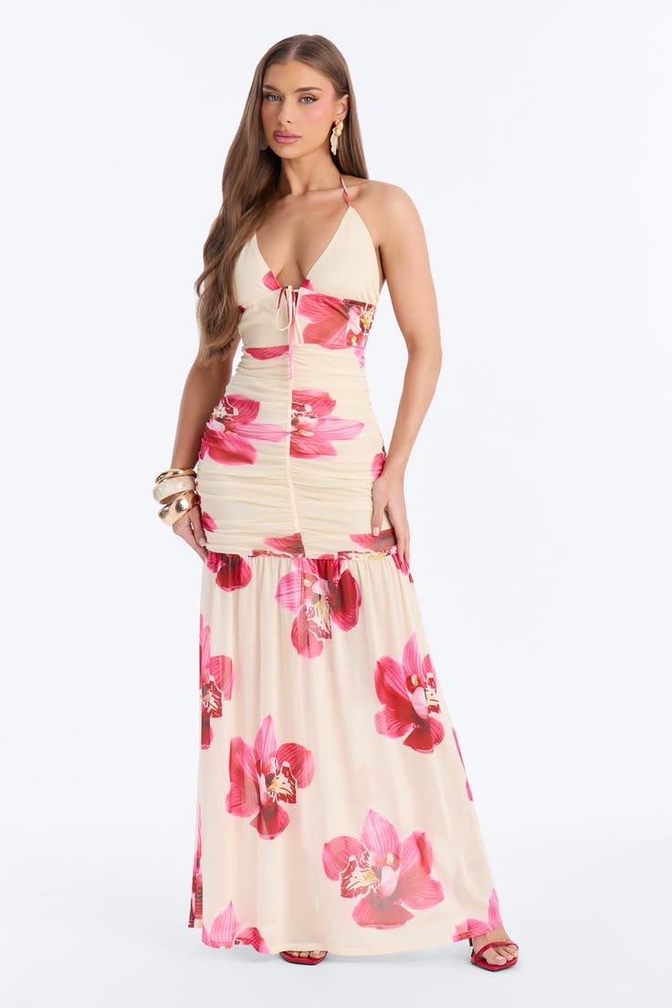 Women's Raelyn Floral Mesh Maxi Dress Combo in Cream Size Small