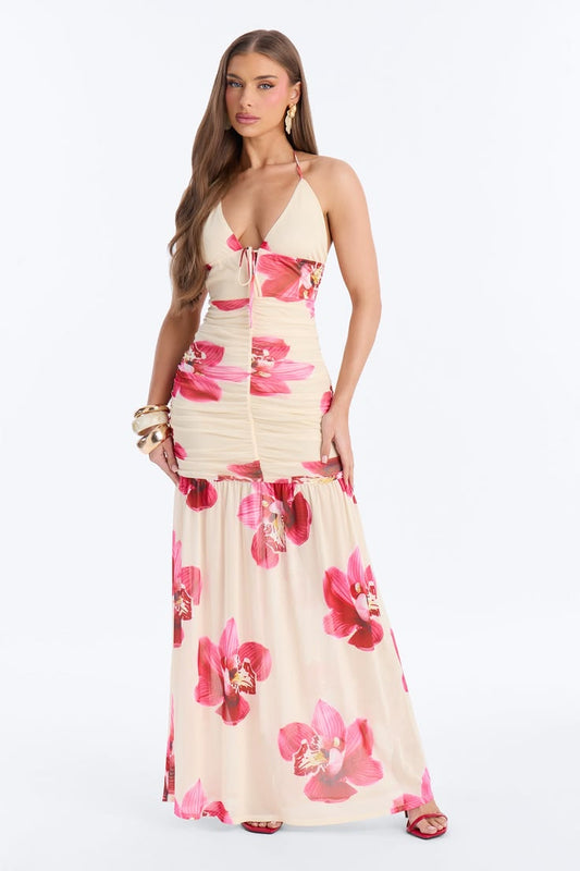 Women's Raelyn Floral Mesh Maxi Dress Combo in Cream Size Small