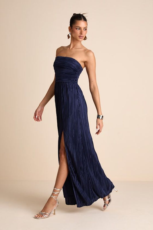 Margot Plissé One-Shoulder Maxi Dress in Navy