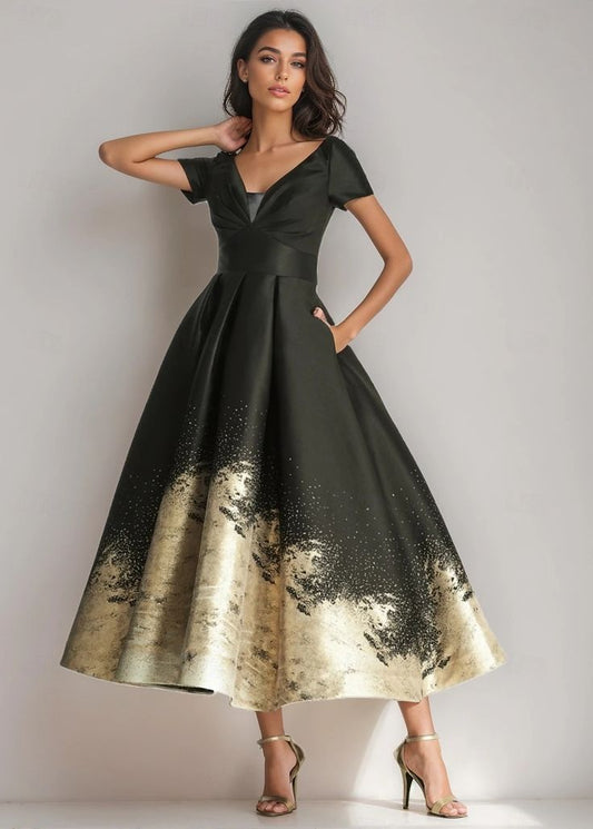 A-Line Ankle Length Cocktail Dresses Party Dresses Elegant Silky Short Sleeve V Neck Wedding Formal Pocket Satin with Fl