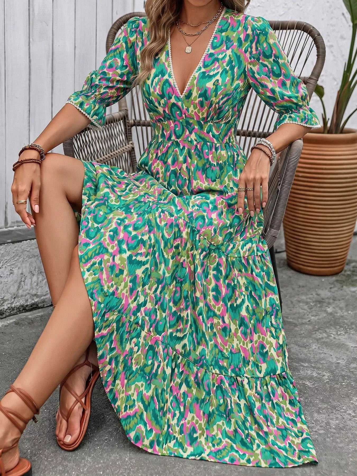 Neck Flounce Sleeve Dress Margot Printed V-Neck Tiered Dress