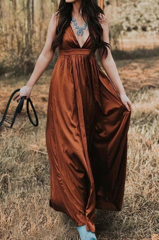 Vivienne Deep V-Neck Maxi Dress in Chocolate